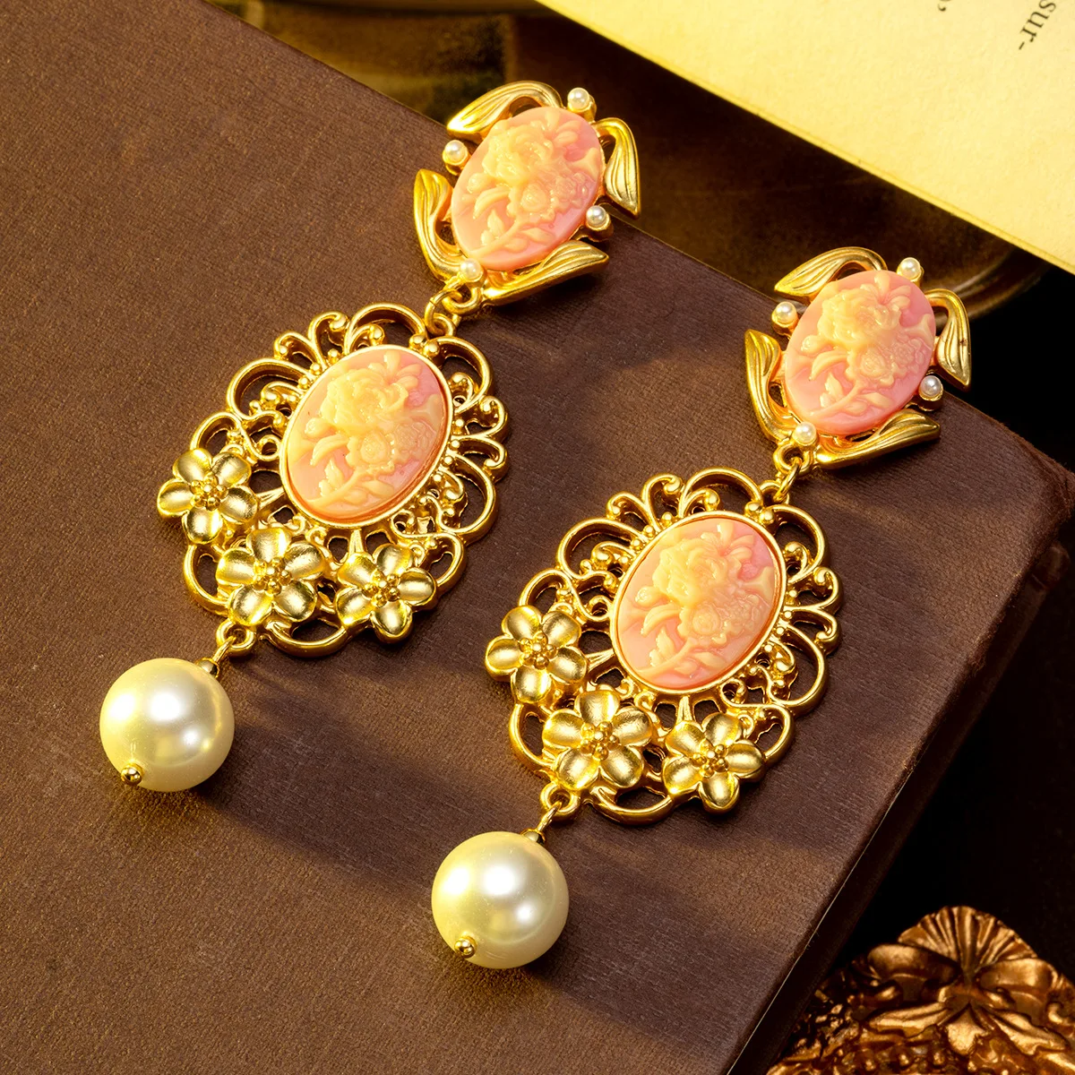 

Vintage royal-style floral earrings with hollow carved design, Victorian studs for women