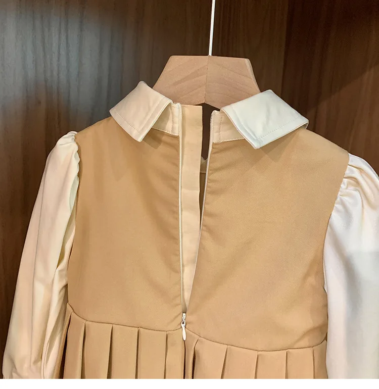 Fashion Autumn Baby Girls School Wears Brown Beige Patchwork Puff Sleeves Dresses Bowknot Decorated Zipper Pleated Skirts