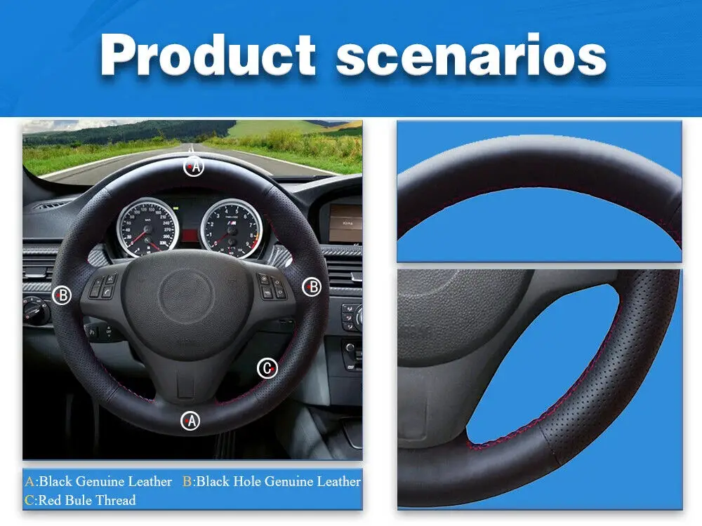 Hand-Stitched Genuine Leather Steering Wheel Cover For BMW M Sport 3 Series E91 320i 325i 330i Non-Slip Grip Interior Accessorie