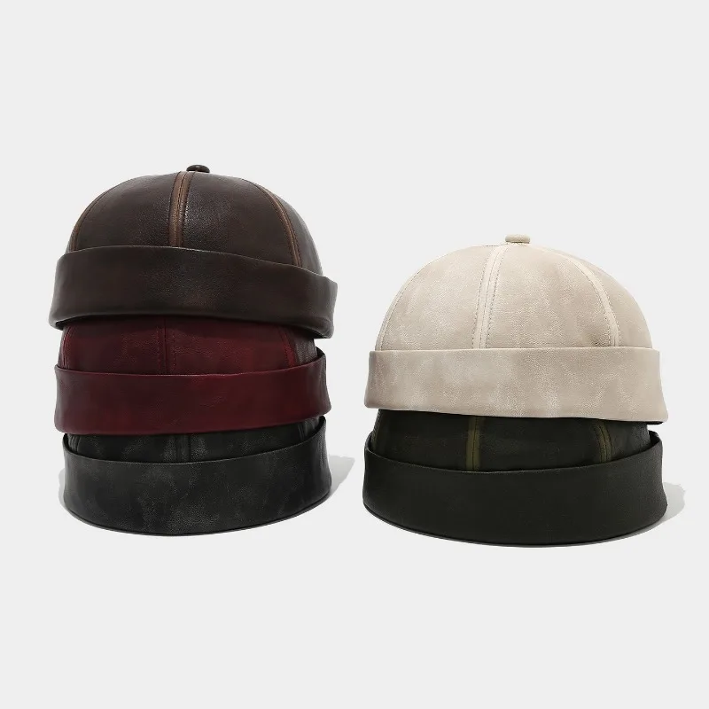 Gorro de invierno unisex, de cuero sintético con estilo vintage, sin ala, para hombres y mujeres, con aspecto desgastado, tipo marinero, retro, con dobladillo enrollado, estilo Dockers, gorro Miki.