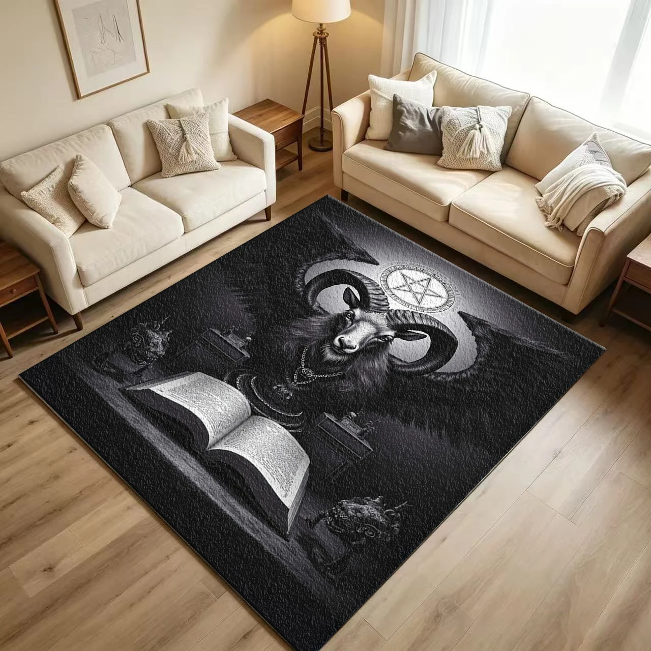 Dark Gothic Goat Occult Art Carpet Flooring Monochrome Mystic Pentagram Vintage Book Motif Printed Floor Rug for Household Indoor Home Unique Decor