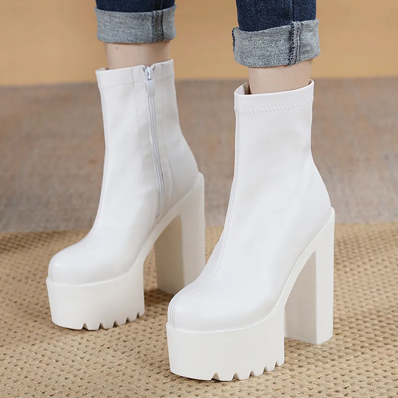 16CM hate sky high waterproof platform shoes autumn winter new ultra-high heel women short boots increase wedge heel shoes white