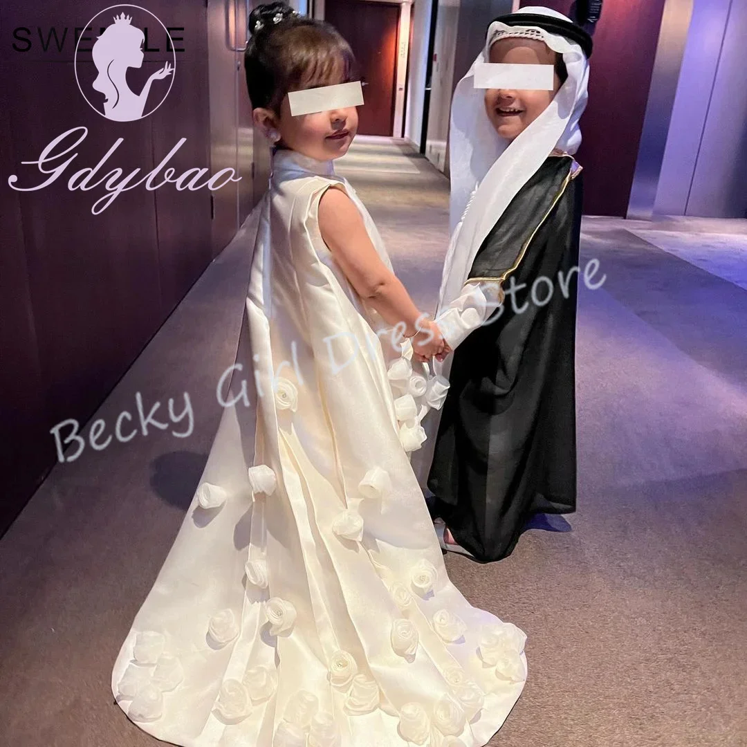 Индивидуальные платья цвета слоновой кости для девочек на свадьбу, атласное платье с высоким воротником и 3D цветами, элегантное детское платье для подружки невесты для первого причастия, выпускного вечера