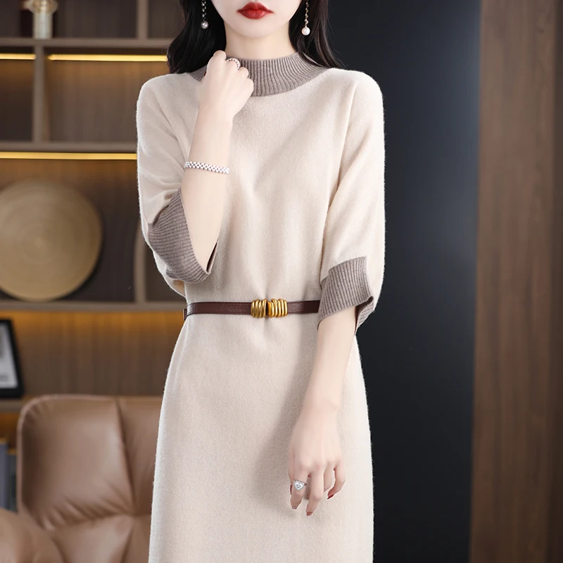 23 New women's 100% pure wool dress sweater long slim half high neck women's short sleeve pullover cashmere sweater summer