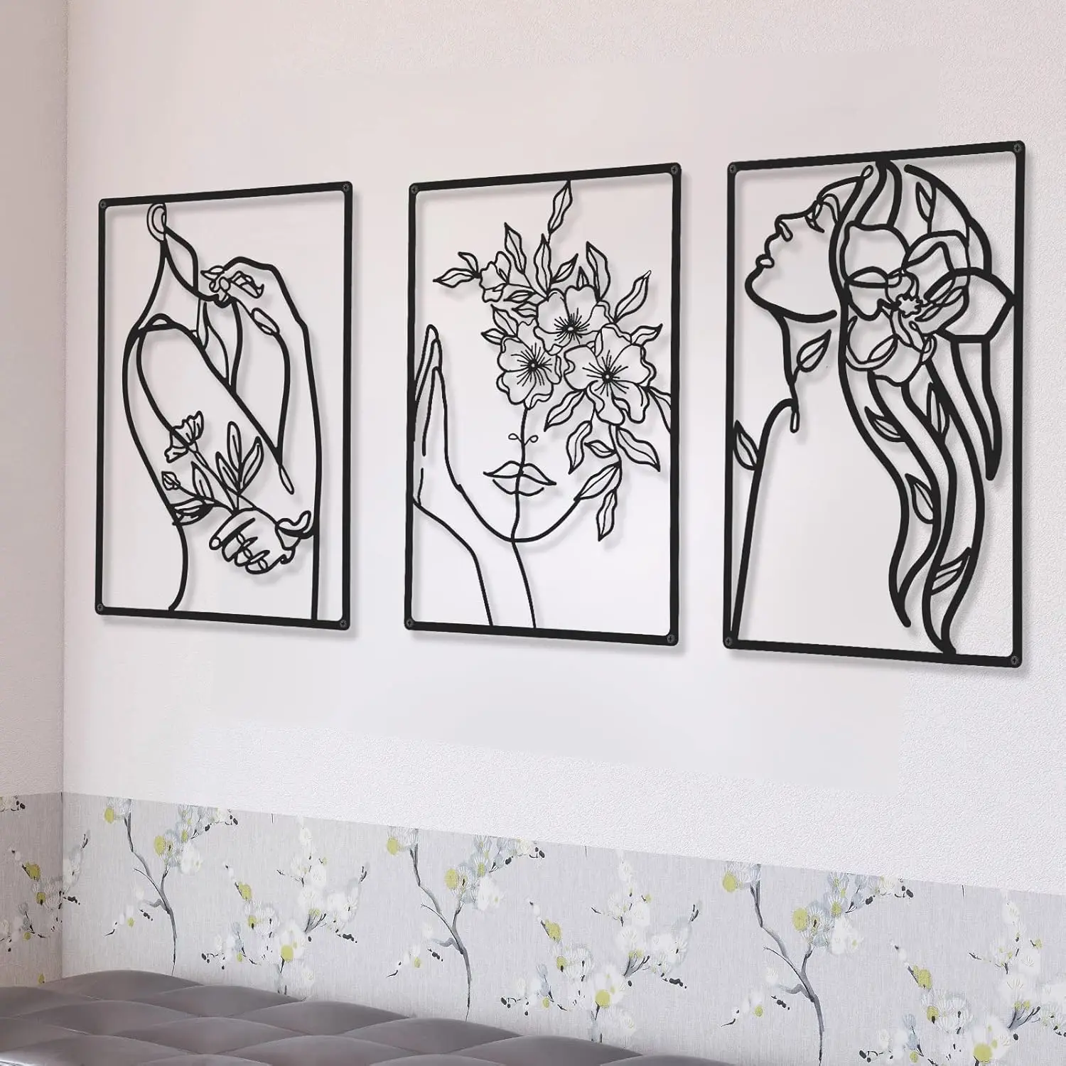 3 Pieces Minimalist Metal Wall Art Decor, Abstract Woman Line Art Wall Decor, Modern Metal Sculpture for Living Room Bedroom Bat
