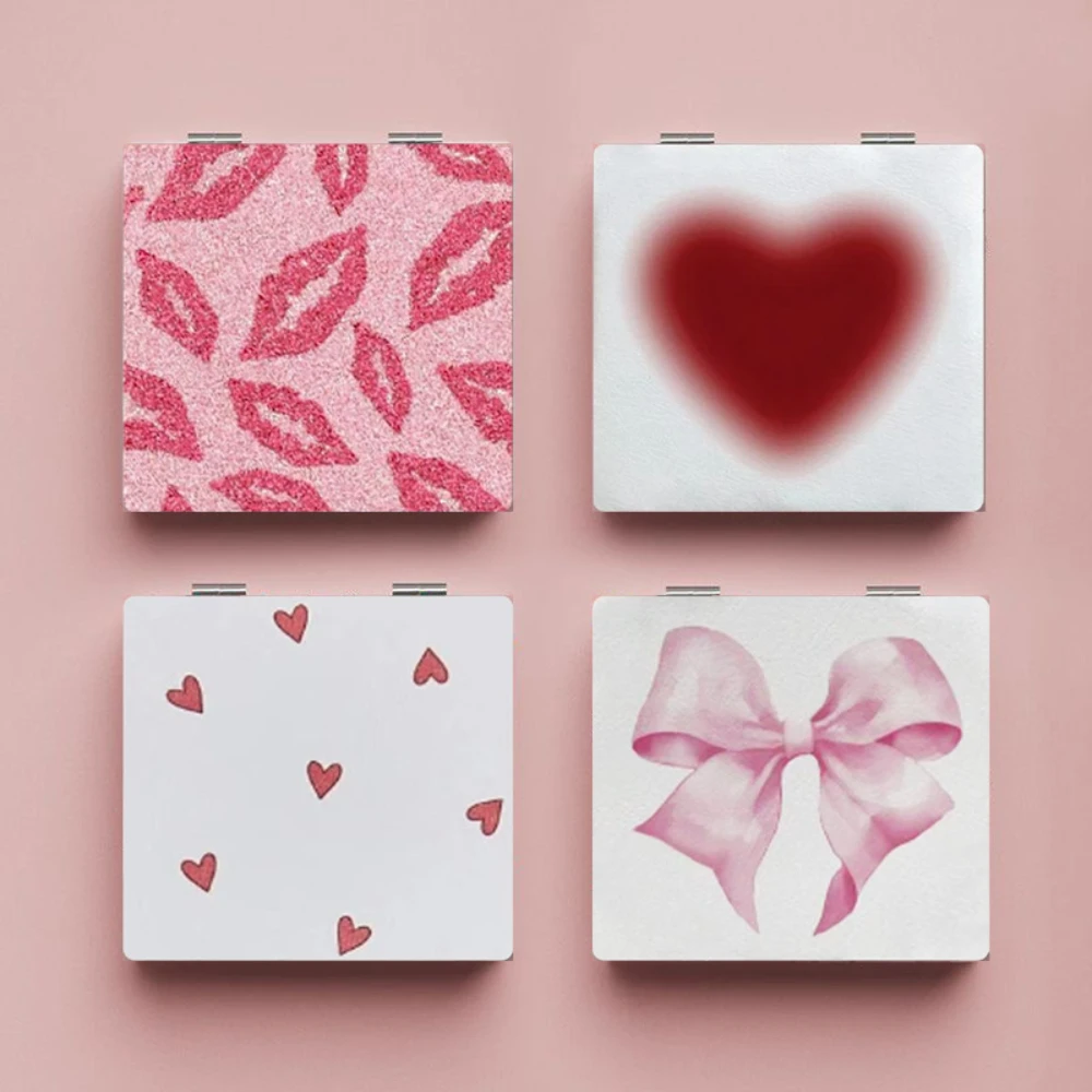 Mini espejo de maquillaje plegable con diseño de lazo de corazón, espejo de bolsillo cuadrado portátil de doble cara para viaje, 1 ud.