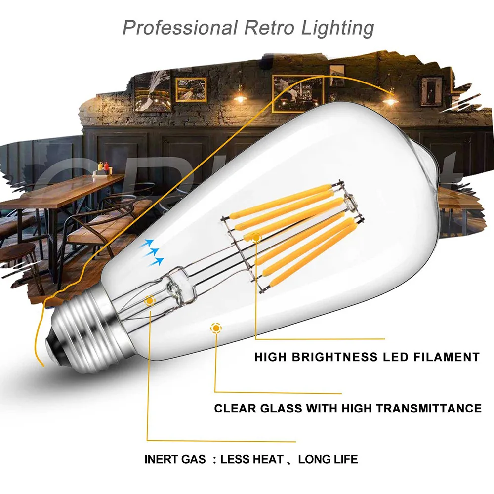 LED  Filament Bulbs transparent ST64 Dimmable E27 B22 6W 8W 12W 20W 220V 110V 2700K 360 Degree Energy Lamps