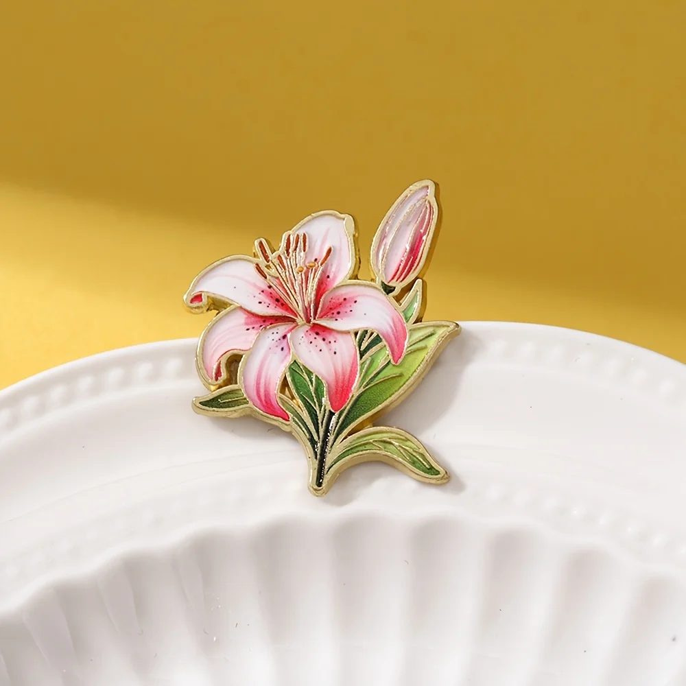 Art Lily Enamel Pin | Fashion Flowers Decorative Brooches, Pink Zinc Alloy, Non-metal Back Buckle, Floral Pattern, Grace Theme