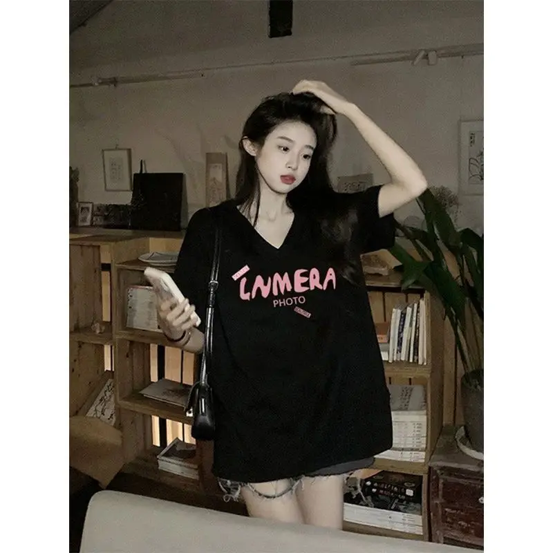 Women Summer Simplicity Trend Loose Printing Black V-neck Short Sleeve Tshirt Women Clothing Casual Large Size Letter Top Tee