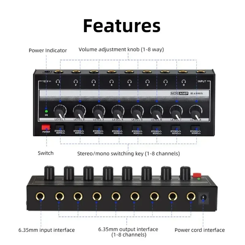 AMPLIFICADOR DE Audio ultracompacto con conmutación estéreo/mono HA800S, Mini amplificadores de auriculares estéreo mejorados de 8 canales con potencia