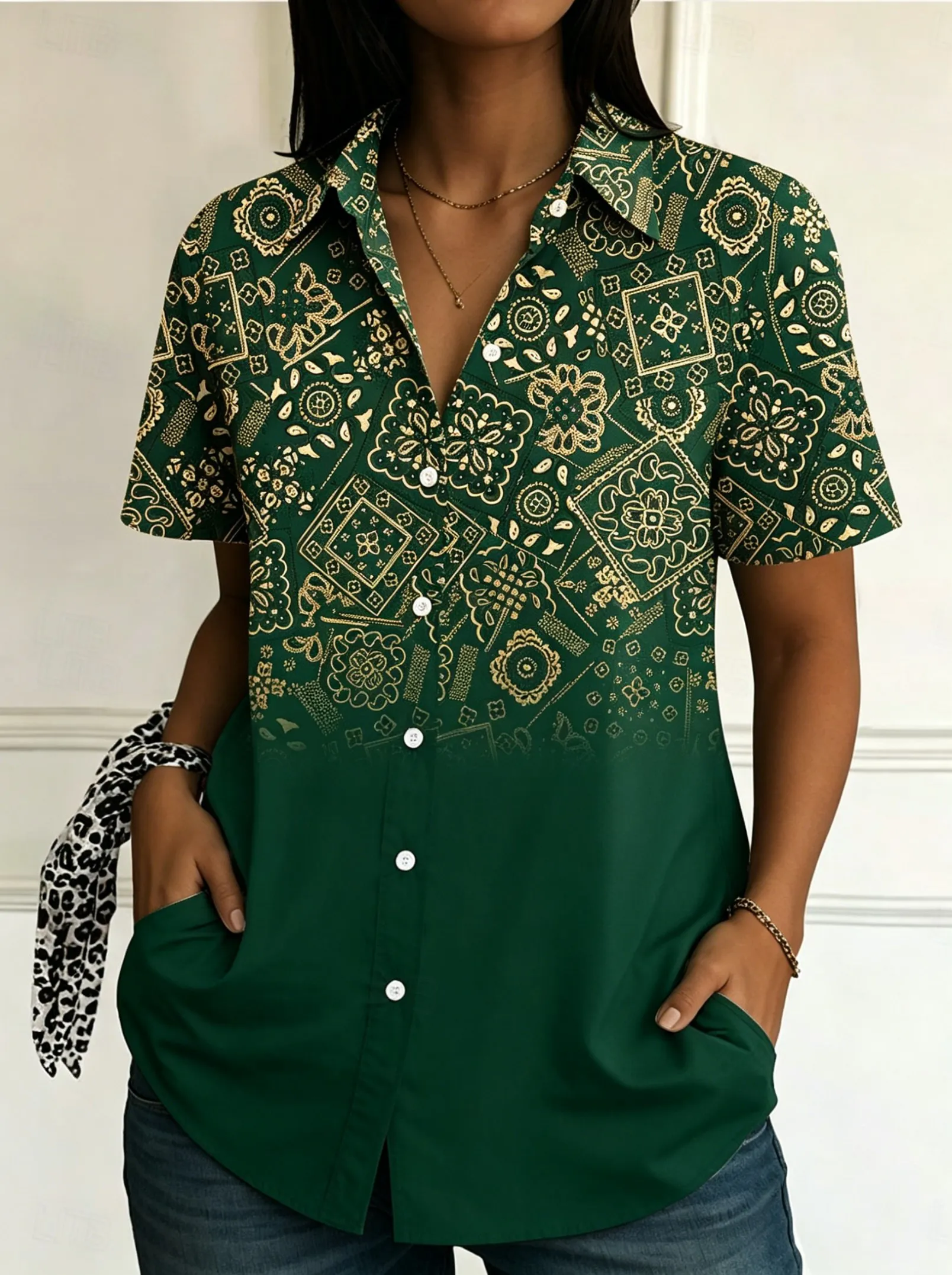 Women's Short Sleeve Paisley Print Gradient Button Down Casual Shirt Elegant Daily Blouse Tops in Green for Spring Summer
