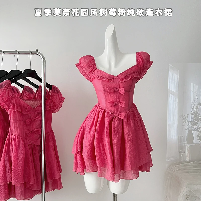 

Летнее женское мини-платье с бантом, короткое платье в Корейском стиле с квадратным вырезом, милые платья с коротким рукавом