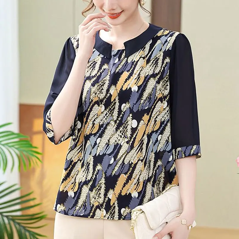 

Casual Half Sleeve Loose Shirt Women's Clothing Prairie Chic Printed 2024 Summer New Thin Commute O-Neck Spliced Vintage Blouse