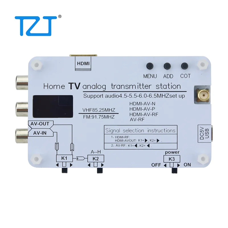 TZT White Analog TV Signal Transmitter Home Analog TV Transmitter with OLED Display Supports Global TVs