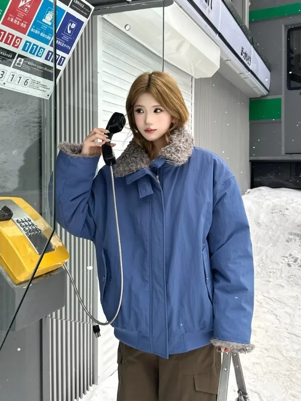 

Deep Blue Mink Collar Plu Inner Winter Jaet Cotton Coat Honey Peach Aunt's "Oceans Depth" Sli Commute Loose Fit