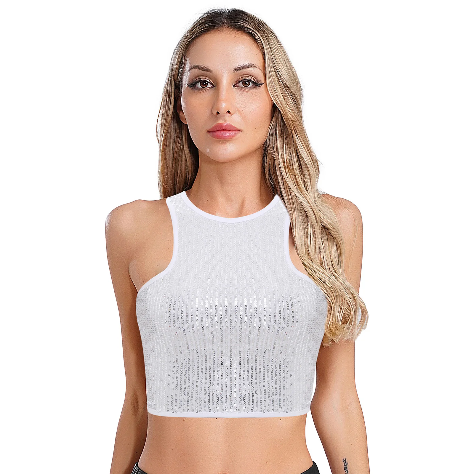 

Women Glittery Sequin Cropped Tank Tops Clubwear Racer-back Sleeveless Crew Neck Slim Fit Vest Party Crop Tops Cool Streetwear