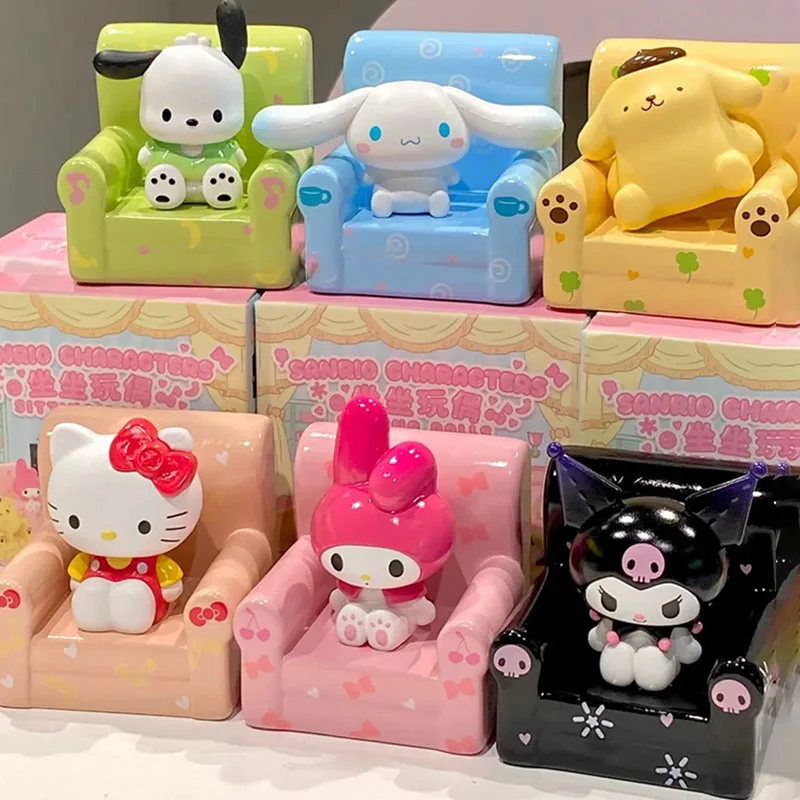 Sanrio Sentado Doll Series Blind Box, Sofá bonito, Cinnamoroll, Kuromi, Mymelody, Mysterious Surprise Box, Figura modelo Brinquedos Presentes