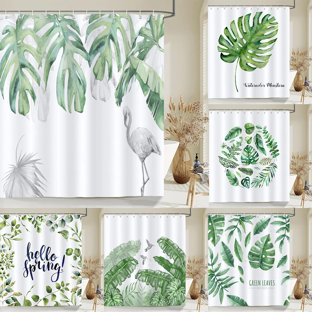 

Leaves Green Plants Printed 3d Bath Curtains Waterproof Polyester Fabric Washable Bathroom Shower Curtain Screen With Hooks