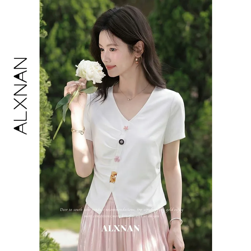 ALXNAN Women's White T-shirt Summer Elegant V-neck Unique Button Front Split T-shirts Casual Short Sleeve Tops Female L66613A