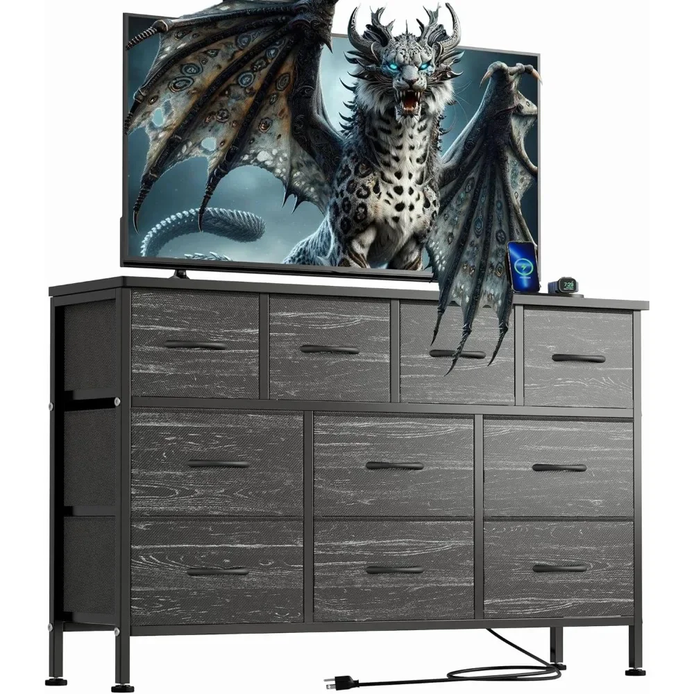 

Dresser TV Stand with Power Outlet, 43" Long Dresser for Bedroom with 10 Fabric Drawers, Chest of Drawers for Living Room