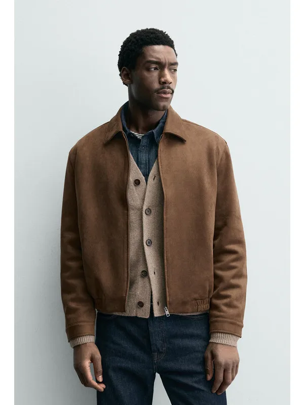 

Casual Suede Jaet Men's Slim Fit Straight Leg Leisure Coat Zipper Closure Polyester Fiber ex Classic Collar Long Sve