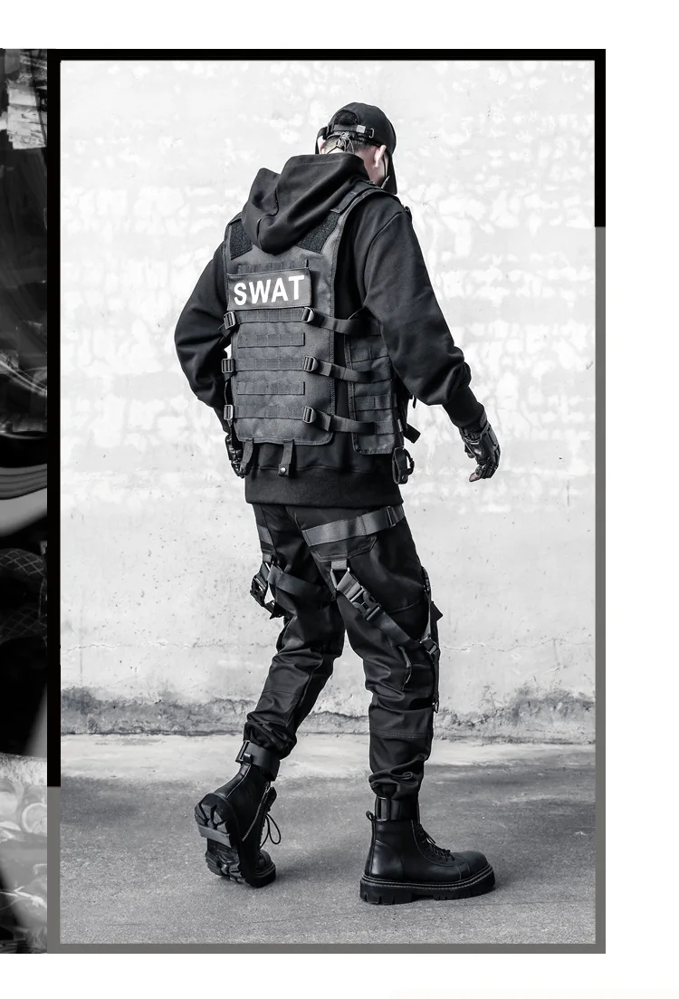 Hip Hop Punk Cargo Pants Man Multi Ribbons Decorative Techwear Pants High Street Tactical Casual Trousers
