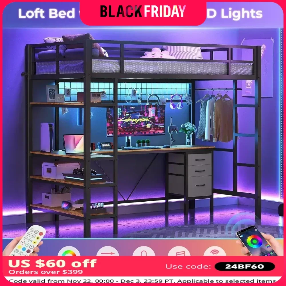 Bunk Beds Loft Bed Twin Size, L-Shaped Desk Charging Station and LED Lights, 4-Tier Bookshelf and 3 Drawers,  Muebles Beds