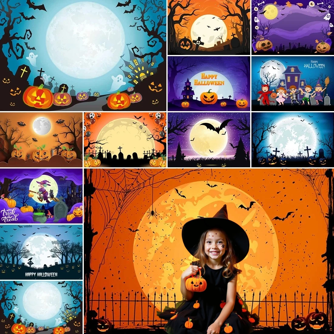 

MOON.QG 2025 Halloween Photography Background Moon Pumpkin Night Castle Children Backdrop Banner Party Wallpaper Photobooth