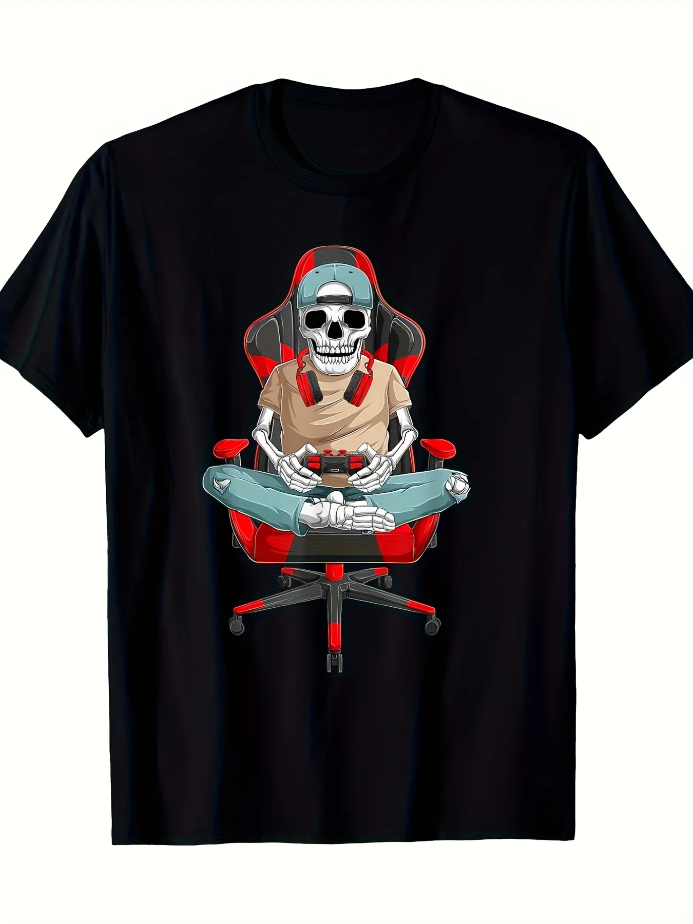 Cartoon Skeleton Gamer T-Shirt - Fun Graphic Design, Featuring a Skeleton Sitting on a Gaming Chair Holding a Game Controller - Ideal for Gaming Enthusiasts and Everyday Casual Wear