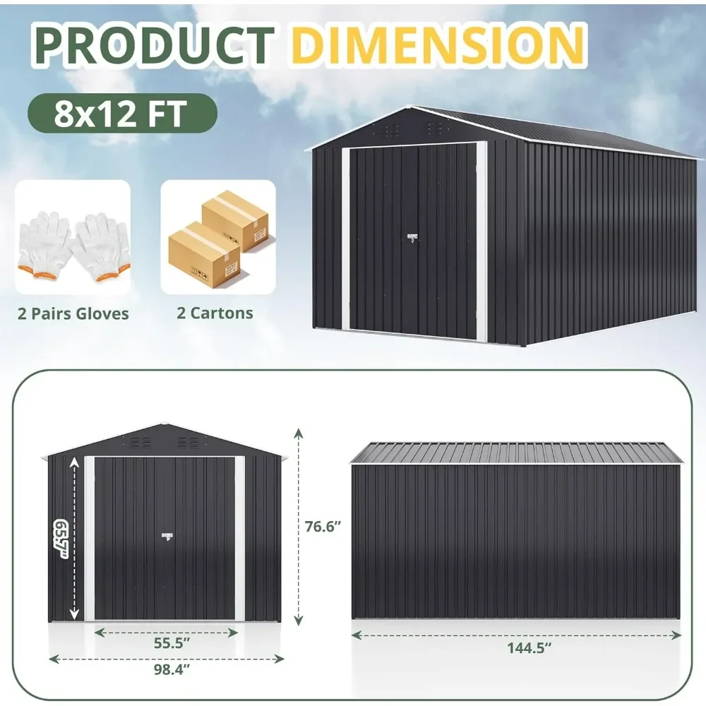 12x8 FT Outdoor Storage Shed, Large Garden Shed with Updated Frame Structure and Lockable Doors, Metal Tool Sheds for Backyard