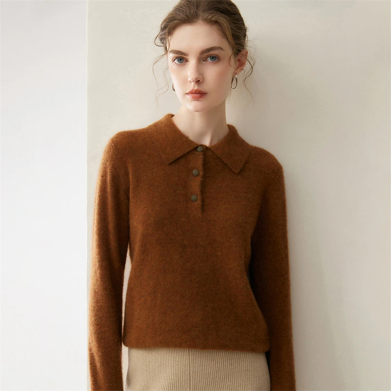 Autumn Winter New Pure Cashmere Polo Neck Knitted Base Shirt Classic Turn-down Collar Sweater Long Sleeve Top for Women