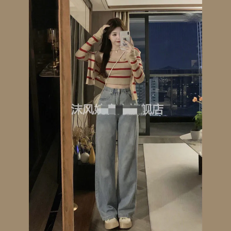 Early autumn new Korean version pure desire style striped camisole knitted cardigan jacket+fashionable jeans three piece set