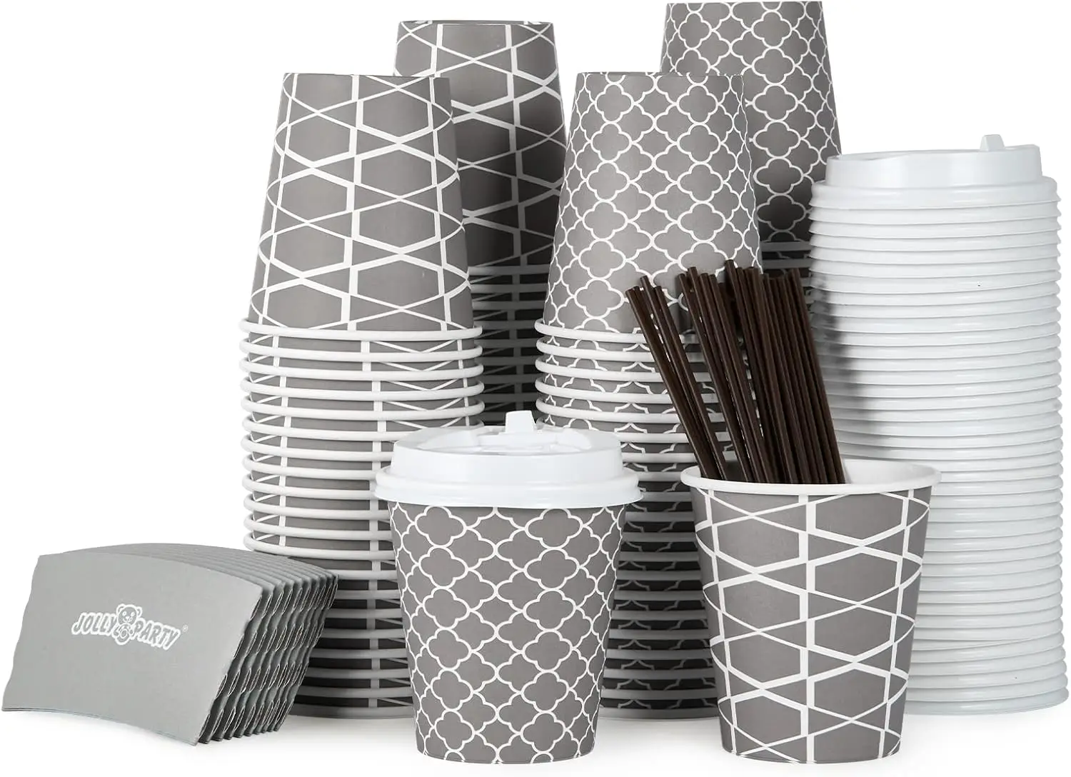 

[100 Sets] 10 oz Paper Coffee Cups, Disposable Coffee Cups with Lids, Sleeves and Straws, Hot Cold Beverage Drinking Cup