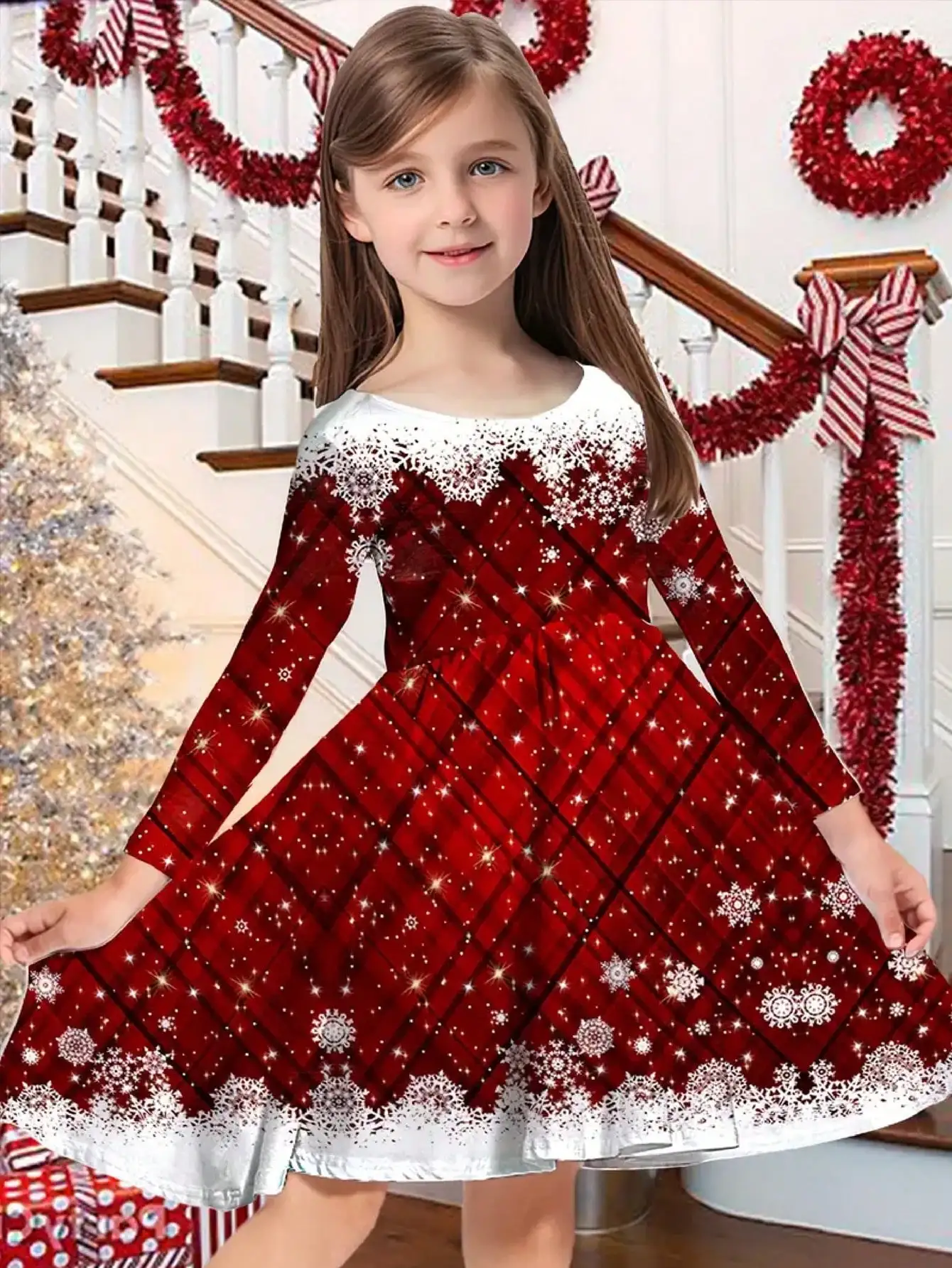 Snowflake print long sleeved Christmas dress - girls' red holiday party dress - special occasions winter holiday dress