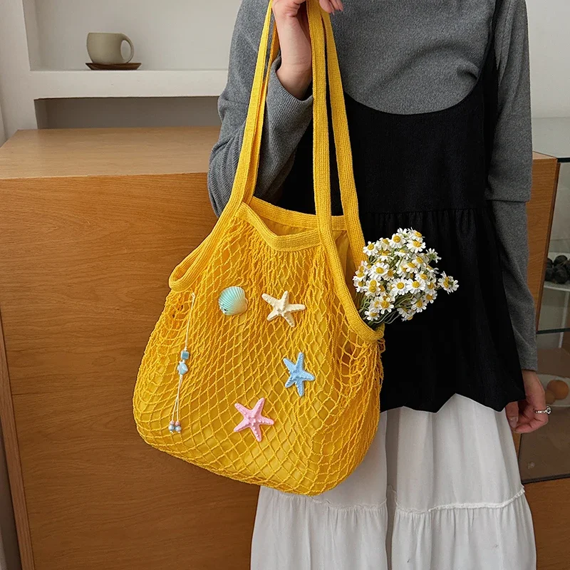 Bolso Tote  Malla Verde con Decoración  Estrella de Mar y Conchas para Mujer, Estilo Fresco para Vacaciones, Bolso  Hombro