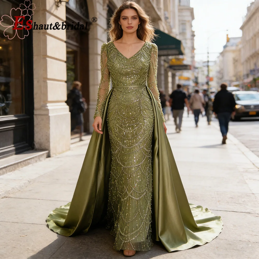 Elegant Wedding Evening Dress for Women 2026 Long Sleeves Mermaid with  Detachable Train Sequin Pearls Prom Party Gown Customized - AliExpress