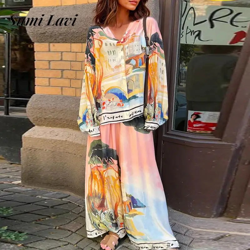 

Elegant Pattern Print Satin Outfits Fashion Lapel Long Sleeve Shirt & Long Pant Suit Women Casaul Single Breasted Loose 2Pc Sets