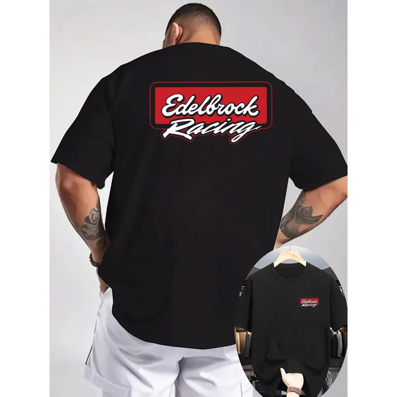 Herren Edelbrock Racing Grafik-T-Shirt in Hellgrau mit Vorder- und Rückendruck, Perfekt für Rennsport-Enthusiasten als Freizeitkleidung