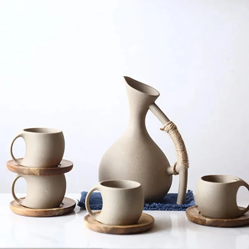 1300ml Earth Ceramic Large Capacity Health Pot Crafts Household Kettle Water Cup Set Decoration Art Company Tea Room Accessories