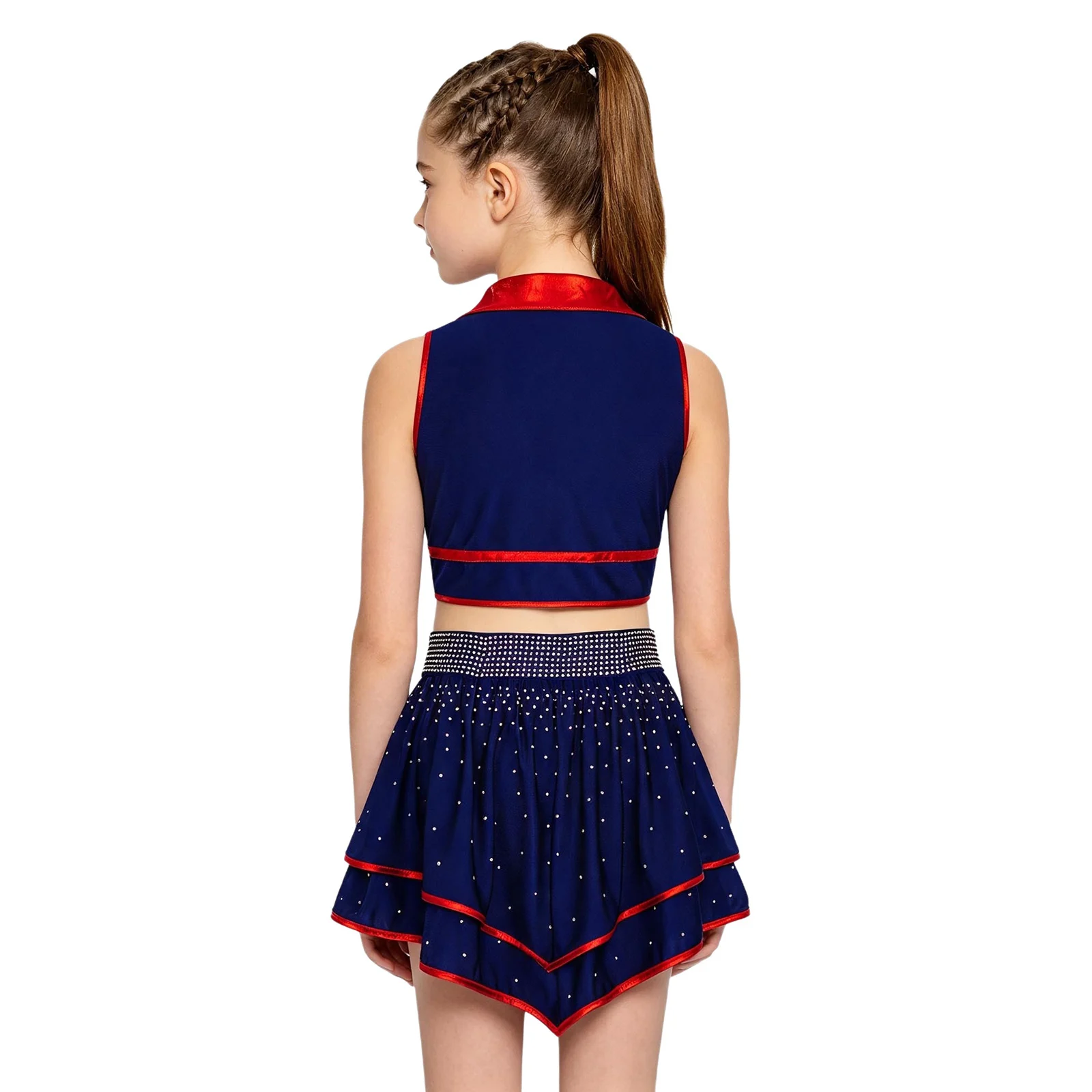 Cheerleader-Kostüm für Mädchen mit Metallic-Besatz, Strass-Cheerleading-Uniform, ärmelloses Crop-Top mit V-Ausschnitt und Rüschenrock – Detail 16