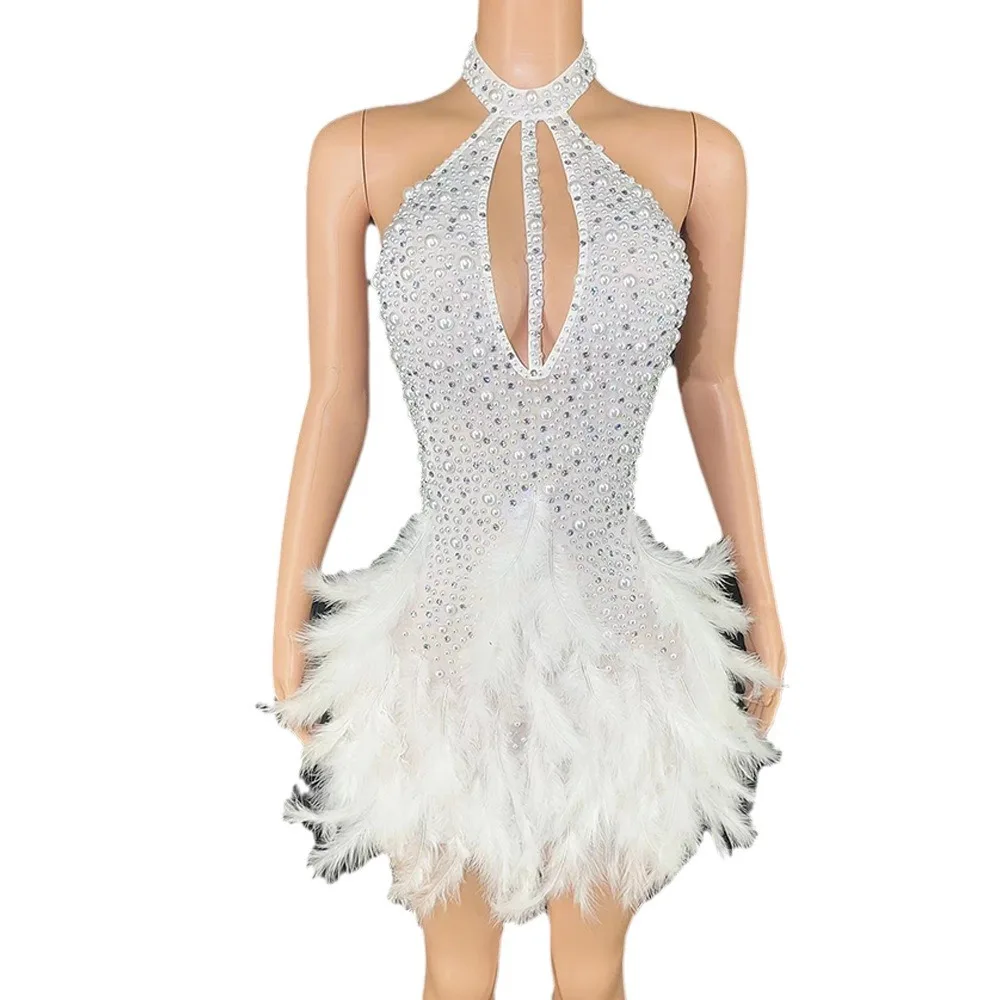 

Fashion Sexy Halter Rhinestones Pearls Feather Bodysuit Sleeveless Bar Club Gogo Dress Women Singer Birthday Party Drag Queen