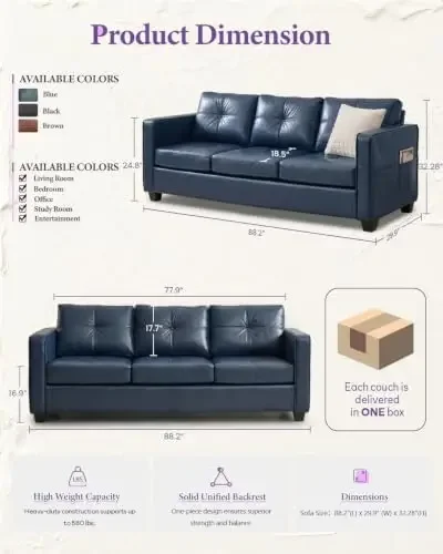 Blue Faux Leather Couch with USB, 3-Seater Sofa | Mid-Century Modern, Tufted Design, Wider Arms, Side Pockets, Comfy