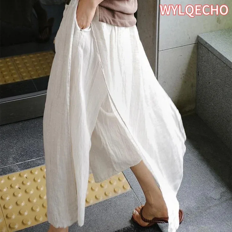 

2024 Summer Women Wide Leg Pants Female Loose Womens Trousers Oversize Maxi Linen Harem Pant High Waist Cotton