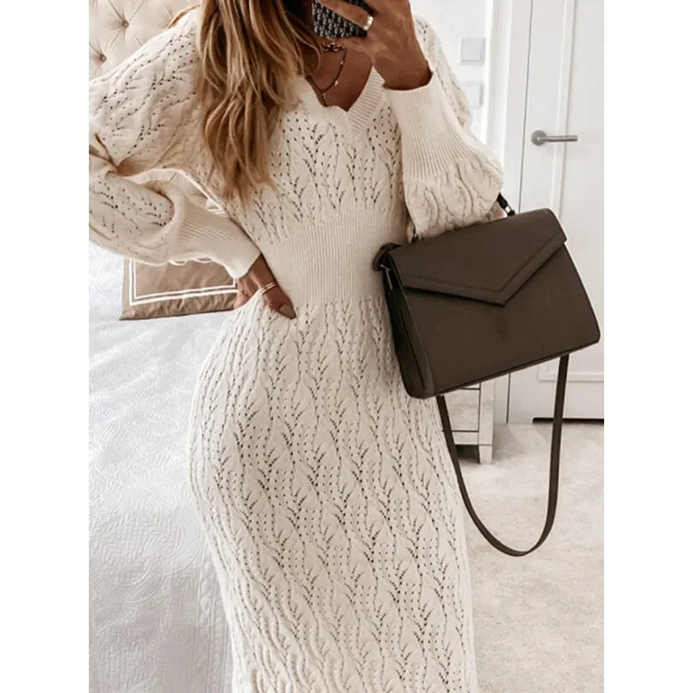 Autumn Knitted Women Dress Sweater Lantern Sleeve Bandage Sexy Dresses Long Female Fashion Winter Elegant Looes Lady Clothes