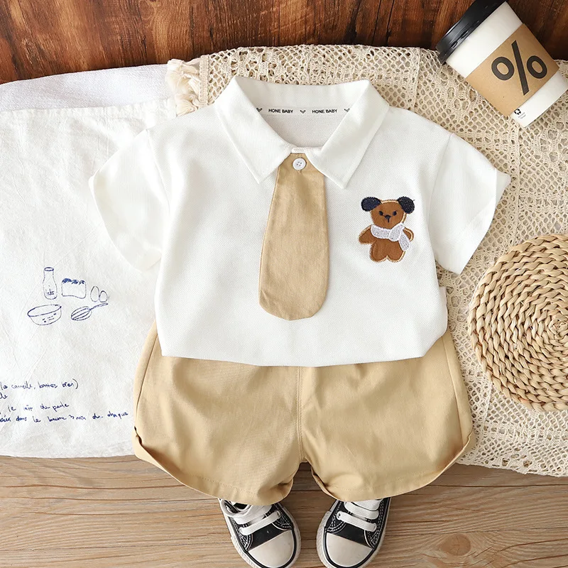 

Summer Children's Clothing Set Cute Cartoon Embroidery Polo Shirt with Tie + Shorts for Toddler Boys Girls Kids Casual Outfits