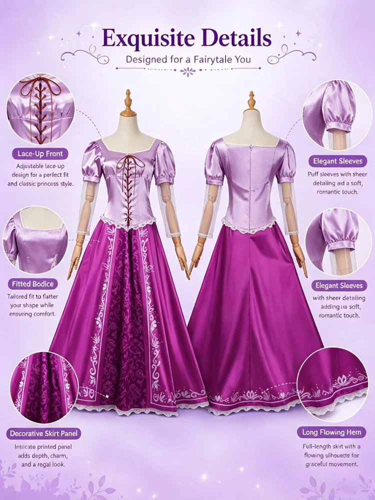 Princess Rapunzel Cosplay Costume Medieval Princess Gown Corseted Lace-Up Dress Perfect Halloween Carnival Birthday Parties Glam view 4