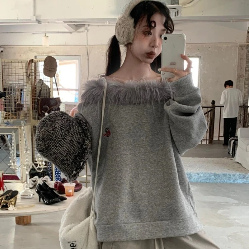 

Exquisite American Vintage Off The Shoulder Sweatshirts Y2k Aesthetic Embroidery Punk Loose Hoodies Punk Streetwear Lazy Clothes