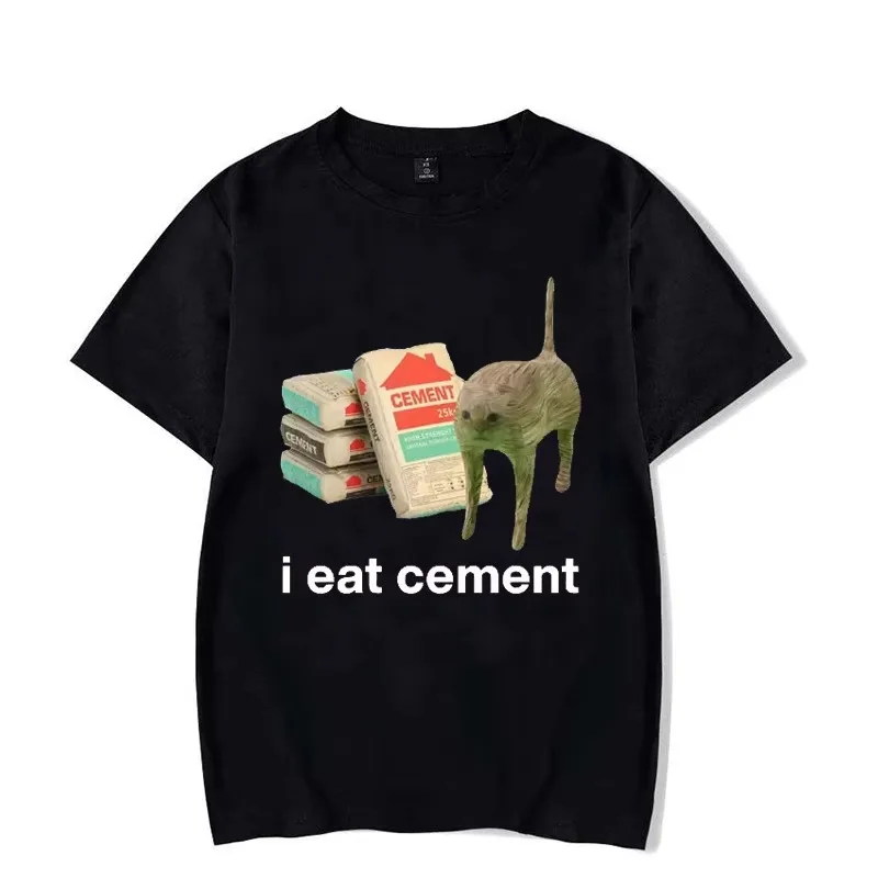 I Eat Cement Cursed Cat Funny Meme Graphic T-Shirt, Unisex Oversized Short Sleeve Casual Fashion Top