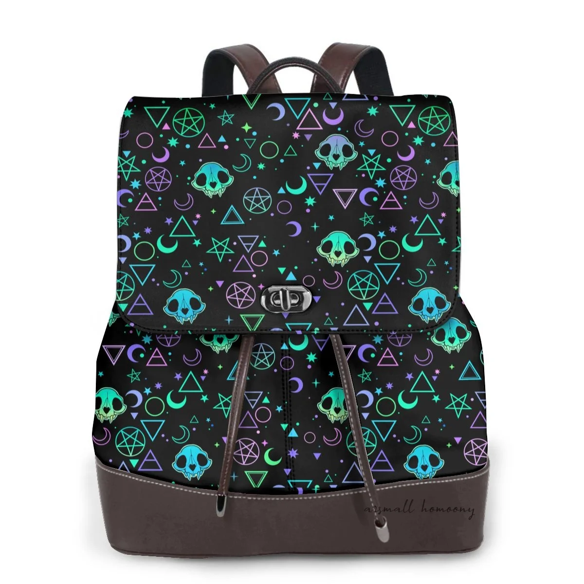 Magic Symbols And Skulls Fanny Fashionable Women's Leather Backpack for Travel or Work Durable College Book Bag for Outdoor