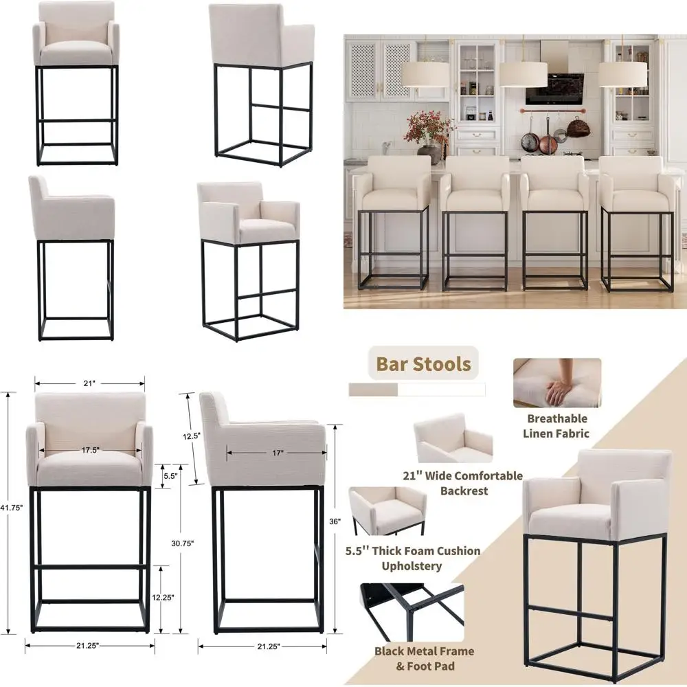 

Современные барные стулья высотой до столешницы, комплект из 2 штук, обитые льняной тканью барные стулья со спинками, 30-дюймовые стулья для кухонного острова с подсветкой